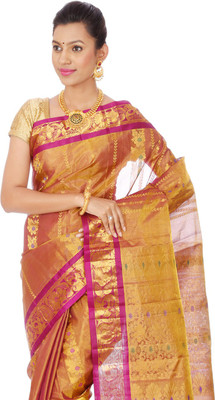 

Mahaveersilkcreations Printed Kanjivaram Handloom Tissue Saree(Pink), Rose pink