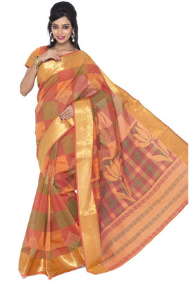 

Jevi Prints Geometric Print Gadwal Cotton Saree(Orange)