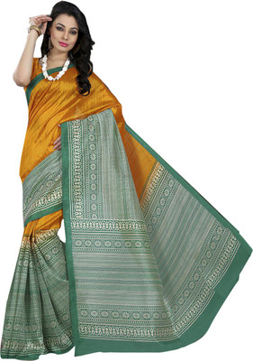 

Ishin Printed Fashion Art Silk Saree(Yellow), Yellow & green