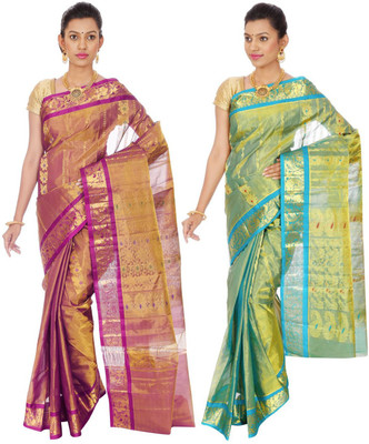

Mahaveersilkcreations Woven Kanjivaram Pure Silk Saree(Pack of 2, Multicolor), Multi