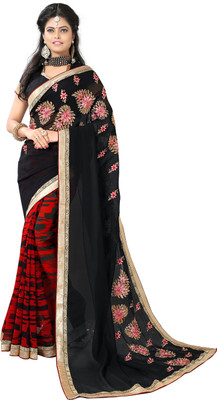 

Khushali Self Design, Embroidered Fashion Georgette Saree(Red, Black), Black;red