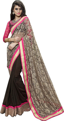 

Manthan Embroidered Fashion Georgette, Jacquard Saree(Brown, Beige)