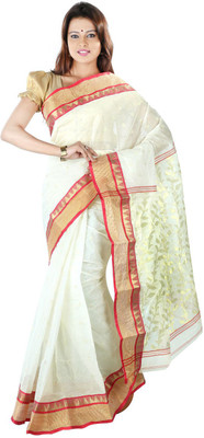 

Hawai Embellished Tant Handloom Cotton Saree(White, Red), Red;white