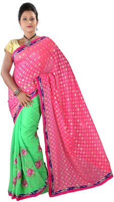 

Hawai Embroidered Fashion Chiffon Saree(Pink, Green), Green;pink