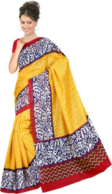 Khushali Printed Fashion Silk Saree(Yellow, Multicolor), Multicolor;yellow