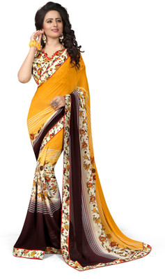 

Indianbeauty Self Design, Printed Bollywood Georgette Saree(Yellow, Brown), Brown;yellow