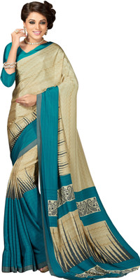 Jiya Self Design, Printed Fashion Crepe Saree(Beige, Light Blue)