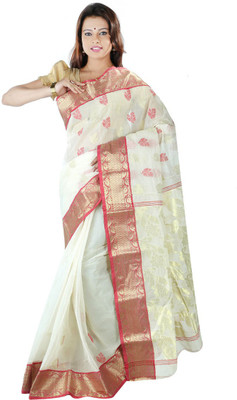 

Hawai Embellished Tant Handloom Cotton Saree(White, Red), Red;white