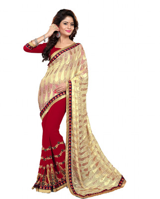 

Priyankas Embroidered Bollywood Chiffon Saree(Beige, Red)