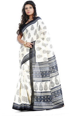 

JTInternational Printed Bhagalpuri Silk Saree(White, Black), Black;white