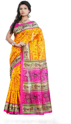 

JTInternational Printed Bhagalpuri Silk Saree(Yellow, Pink), Pink;yellow