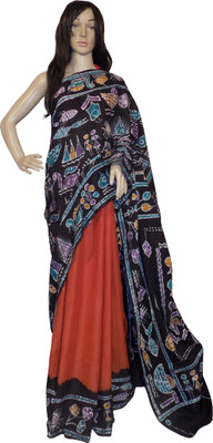

KheyaliBoutique Geometric Print Hand Batik Handloom Cotton Saree(Black, Maroon)