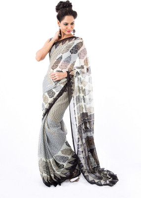 

Cenizas Printed Fashion Chiffon Saree(White, Black)