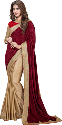 Khushali Self Design, Embroidered Fashion Lycra, Velvet Saree(Maroon, Beige), Beige;maroon