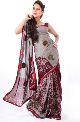 

Cenizas Floral Print Fashion Crepe Saree(Red)