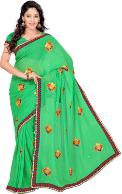Desi Butik Embroidered Fashion Art Silk Saree(Green)
