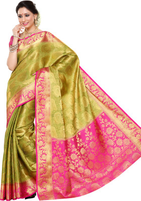 

Mimosa Woven Kanjivaram Art Silk Saree(Green), Olive