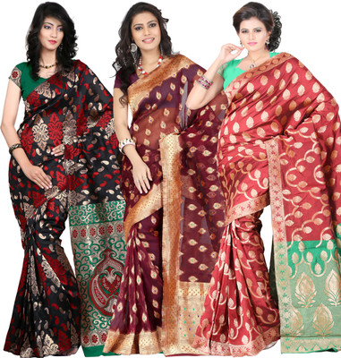 

It's Banii Woven Banarasi Handloom Banarasi Silk Saree(Pack of 3, Black, Maroon, Red)