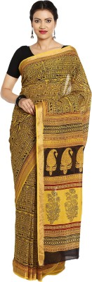 Kalakari India Printed Bollywood Handloom Cotton Blend Saree(Maroon, Black, Yellow)