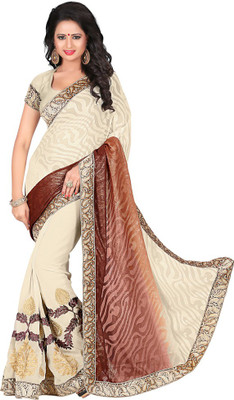 Saara Floral Print Fashion Georgette Saree(White, Brown), Off whiteand& brown