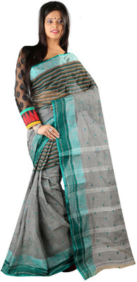 

Hawai Striped Tant Handloom Cotton Saree(Grey, Green), Green;grey