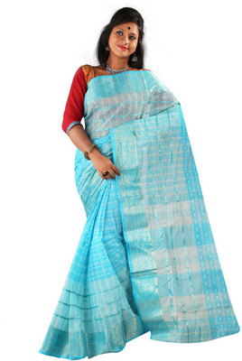 

Hawai Striped Tant Handloom Cotton Saree(Blue)