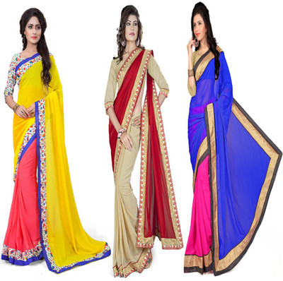 

Omkarcreation Solid Bollywood Georgette Saree(Pack of 3, Multicolor)