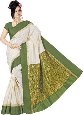 JagannathSaree Embellished Garad Silk Saree(White, Green)