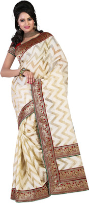 Ansu Fashion Geometric Print Fashion Velvet, Net Saree(Beige)