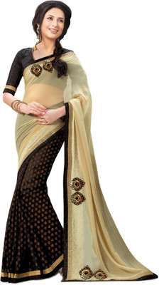 

Indianbeauty Solid, Self Design Bollywood Pure Chiffon Saree(Beige, Black), Black;cream