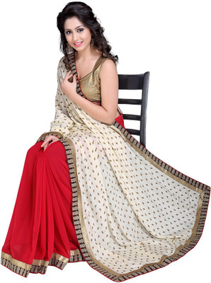 

Jiya Self Design, Embroidered Fashion Crepe, Georgette Saree(Red, White), Off white;red