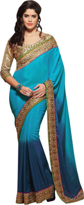 Jiya Self Design, Embellished, Embroidered Fashion Satin, Chiffon Saree(Blue, Light Blue, Beige), Beige;blue;light blue