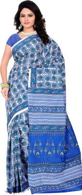 

TAARIKA Printed Daily Wear Cotton Saree(White, Light Blue), Light blue;white