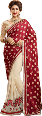 

Parisha Embroidered Fashion Georgette, Jacquard Saree(Red, White)