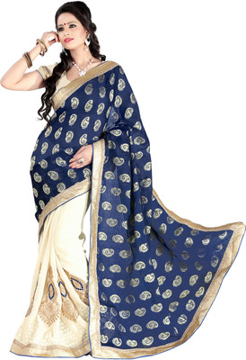 

Jiya Self Design, Embellished, Embroidered Fashion Jacquard, Georgette Saree(Dark Blue, Beige), Dark blue;light cream