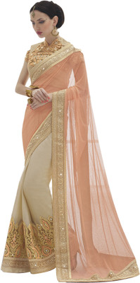 

Khushali Self Design, Embroidered, Embellished Fashion Chiffon, Net Saree(Beige)