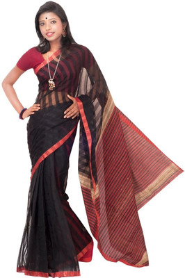 

Hawai Striped Tant Cotton Saree(Black)