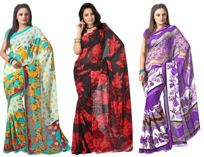 

Silkbazar Printed Daily Wear Synthetic Georgette Saree(Pack of 3, Multicolor)