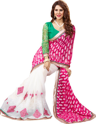 

Manthan Embroidered Fashion Georgette, Jacquard Saree(Pink, White)