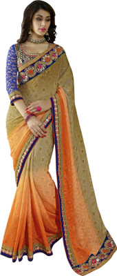 

Jiya Self Design, Embellished, Embroidered Fashion Georgette, Jacquard Saree(Orange, Beige, Blue), Beige;blue;orange