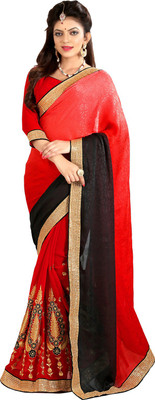 

Manthan Embroidered Daily Wear Georgette Saree(Red, Black)
