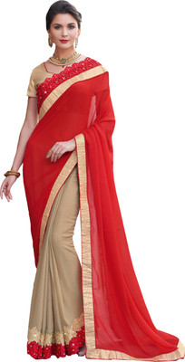 

Jiya Self Design, Embroidered, Embellished Fashion Satin, Chiffon Saree(Red, Beige), Beige;red