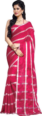 

M.S.Retail Striped Fashion Handloom Cotton Saree(Pink), Pink-silver
