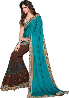 

Ishin Embroidered Fashion Georgette Saree(Brown), Brown & blue