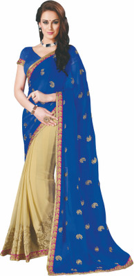 

Khushali Self Design, Embroidered Fashion Chiffon Saree(Blue, Beige), Beige;blue