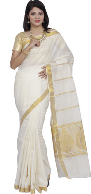 

Fashionkiosks Solid Fashion Handloom Cotton Saree(White), Cream gold