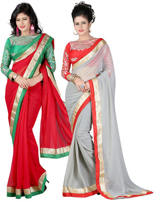 

onlinefayda Embroidered Daily Wear Chiffon Saree(Pack of 2, Red)