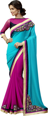

Lovelylook Embroidered Daily Wear Georgette, Georgette, Jacquard Saree(Blue, Pink), Sky blue & dark pink
