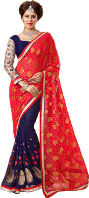 

Blissta Embroidered Fashion Georgette, Jacquard Saree(Orange, Blue, Blue;orange