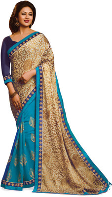 Indianbeauty Self Design, Printed Bollywood Jacquard, Pure Georgette Saree(Beige, Light Blue)